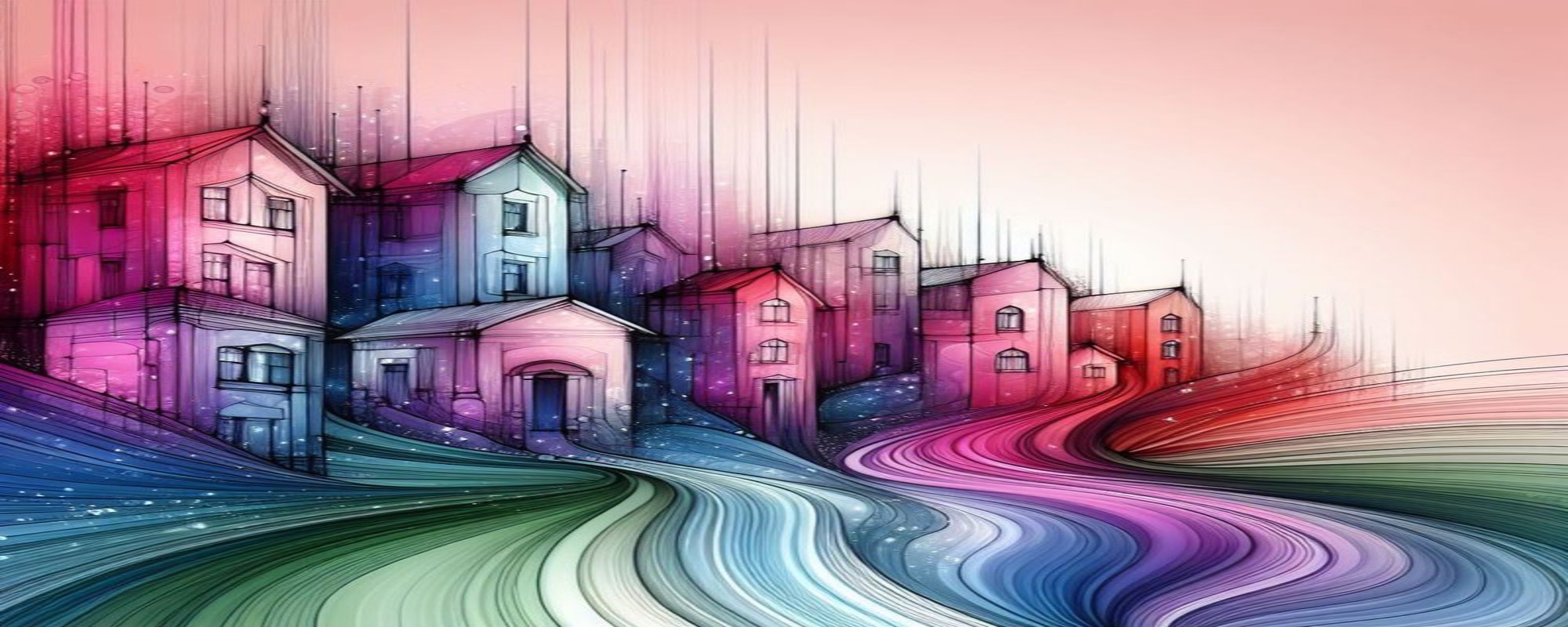 Abstract illustration of a row of houses in bold colors and a flowing style